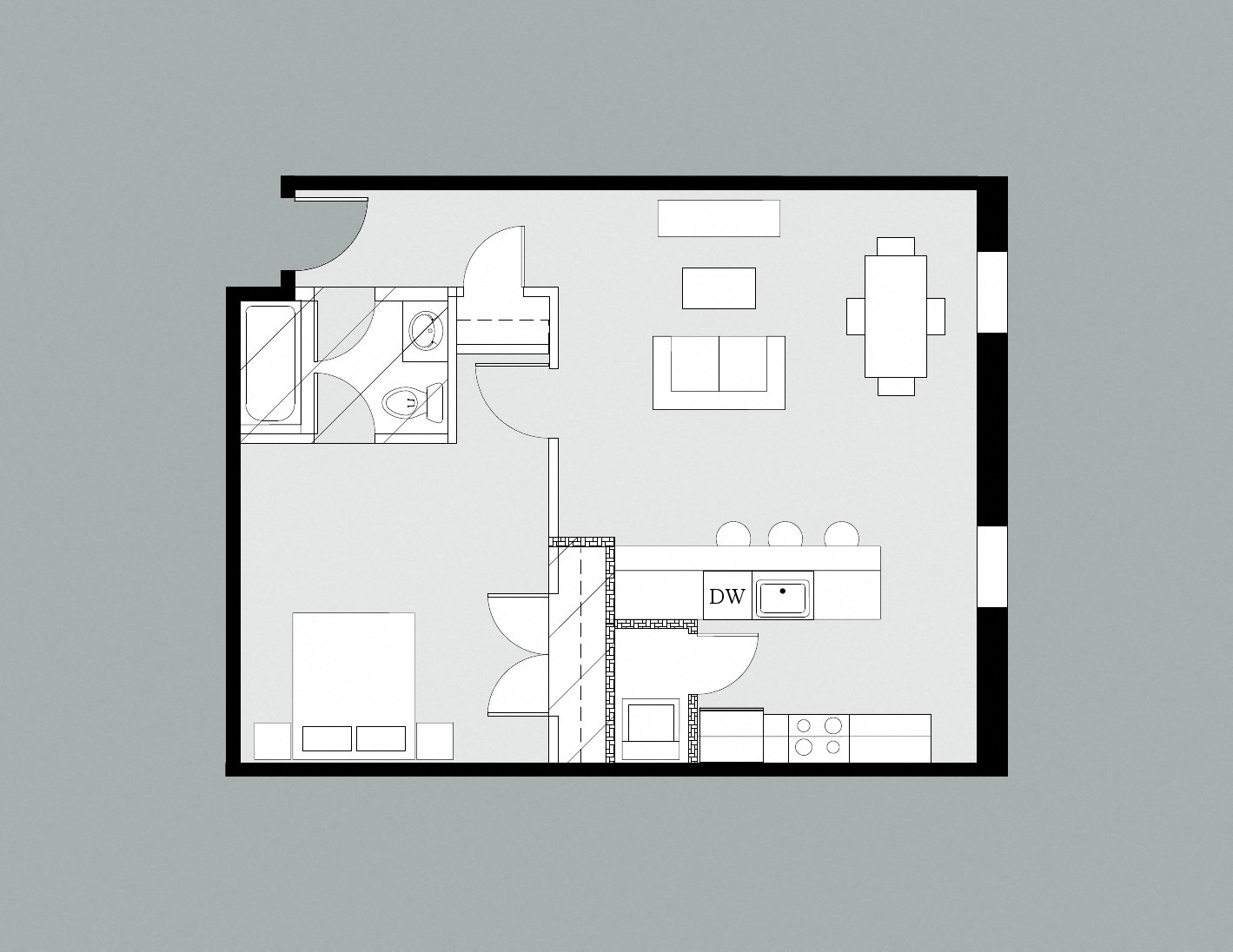 Floor plan for 1 bed, 1 bath, 700 sqft